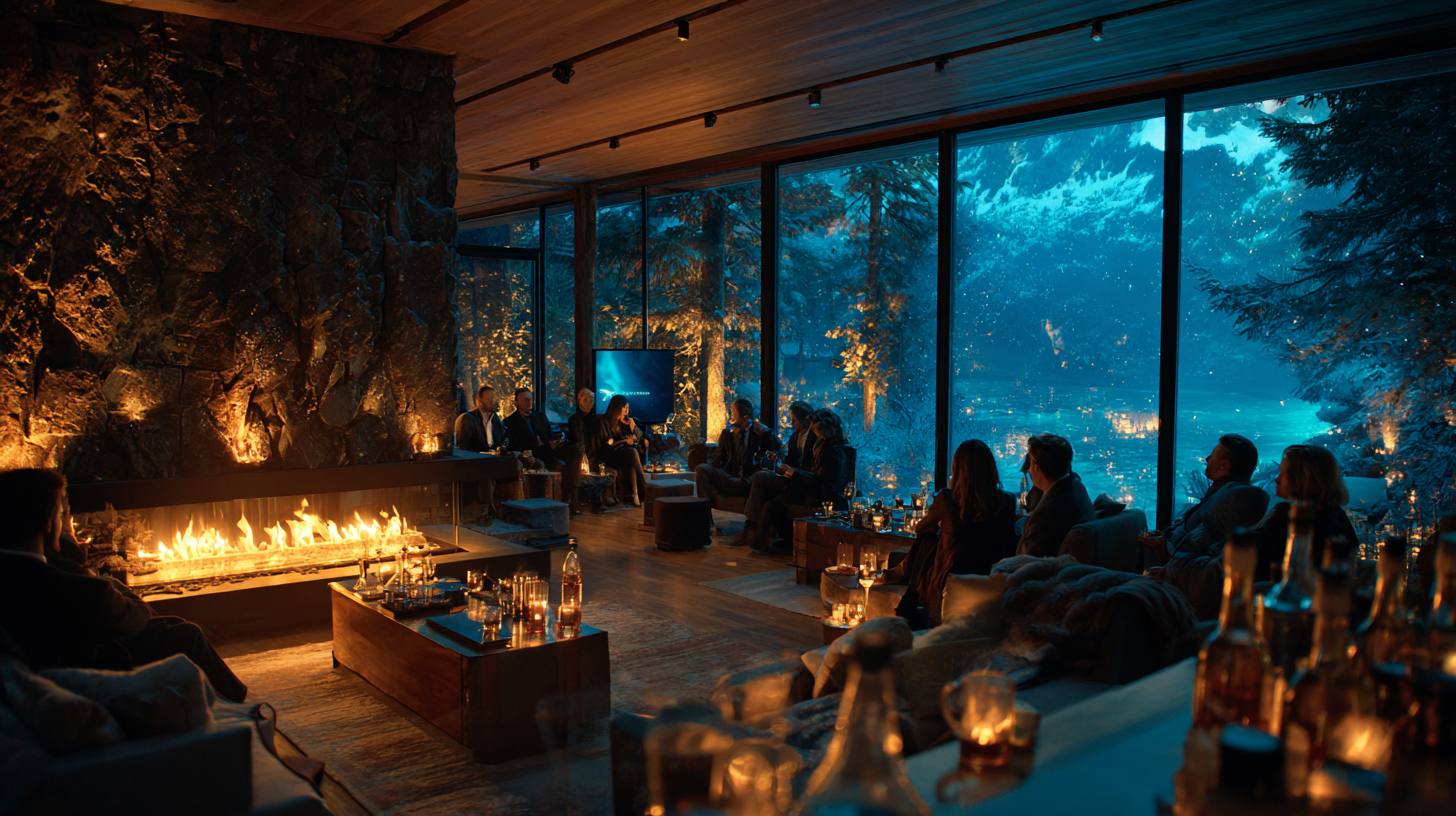 Guests gathered around a fire inside a mountain lodge at night