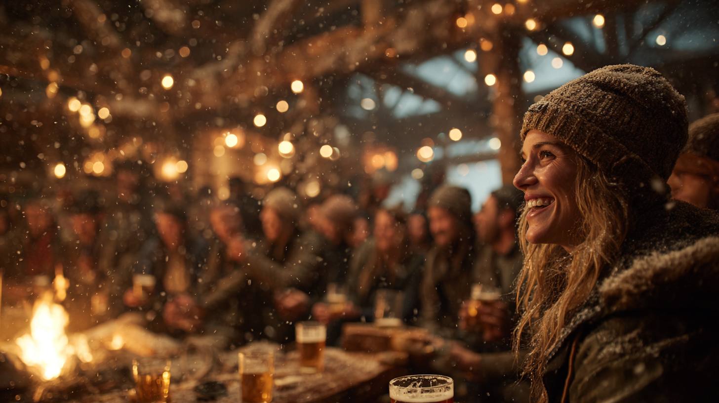 Après-ski gathering under string lights