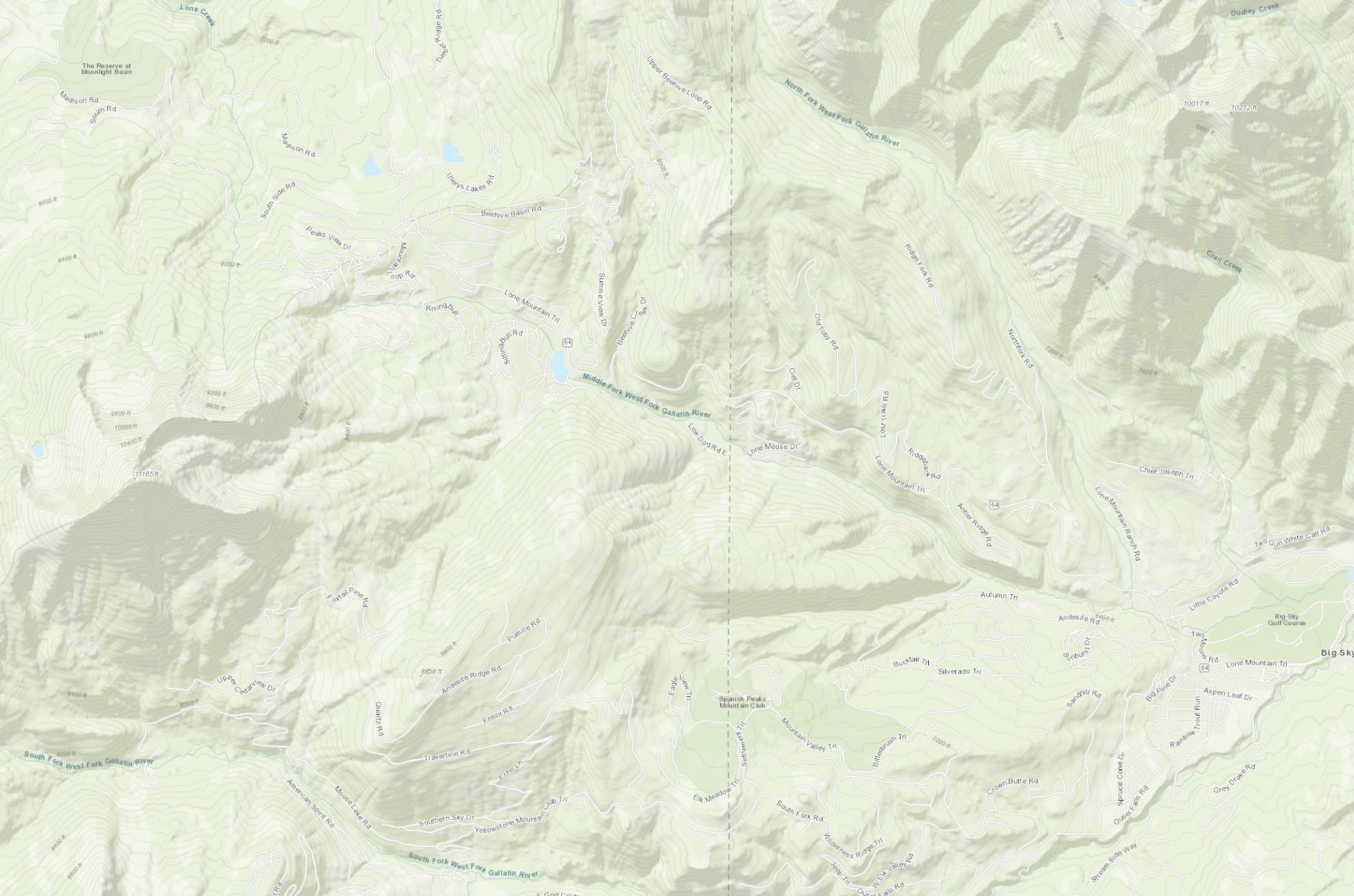 Topographic map of Big Sky from Lone Peak east to Meadow Village
